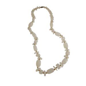 Vintage White Beaded Necklace Gold Accents Natural Jewelry Stone Handmade 19"
